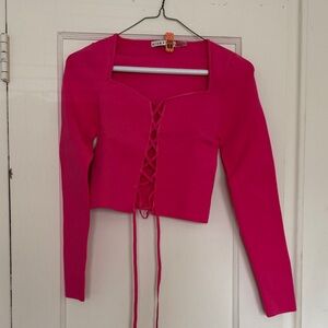Alice + Olivia Hot Pink Lace-Up Long Sleeve Crop Top